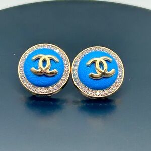 Designer Inspired-Blue and Gold Logo Earrings